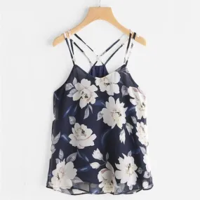 Chiffon Tank Tops Sexy Womens Sleeveless Halter neck Tank Crop Tops Flower Printing bustier Vest Blouses T-Shirt Camis