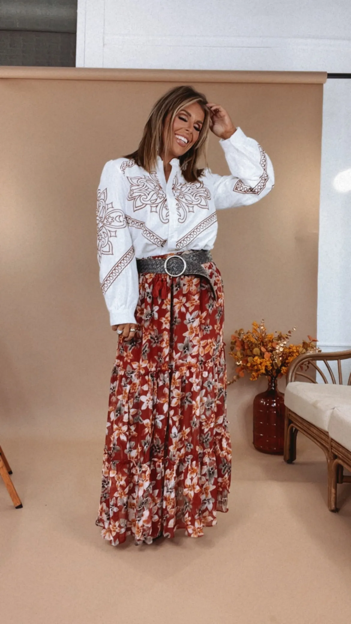 Claire Chiffon Floral Maxi Skirt, Deep Red