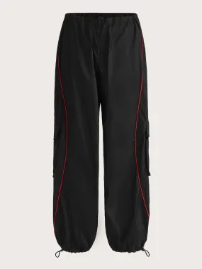 Contrast Piping Flap Pocket Cargo Parachute Pant