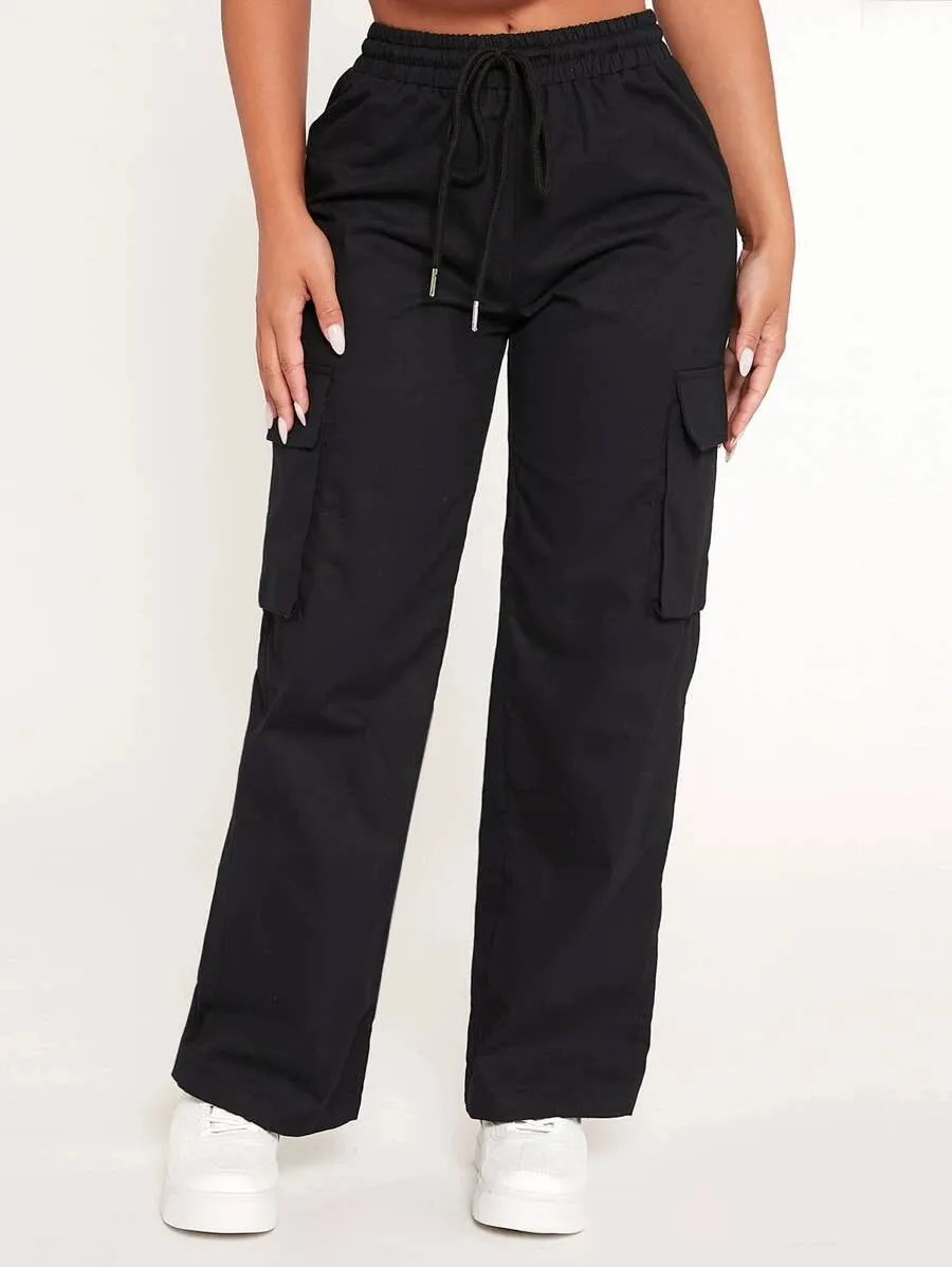 Cotton Drawstring Waist Flap Pocket Cargo Pants