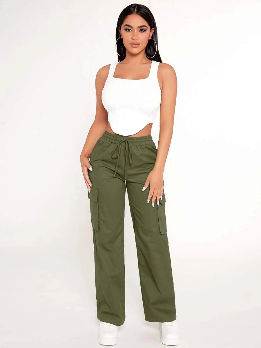 Cotton Drawstring Waist Flap Pocket Cargo Pants