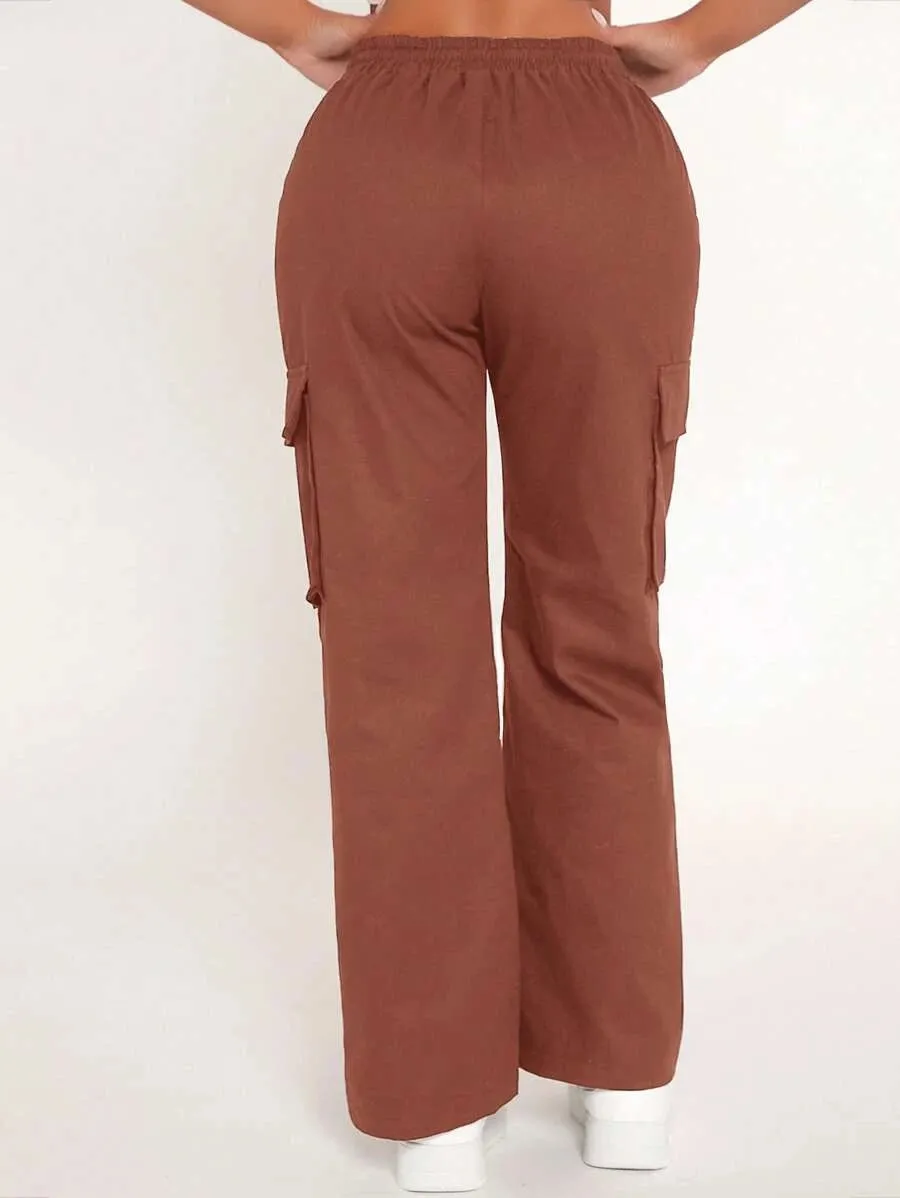 Cotton Drawstring Waist Flap Pocket Cargo Pants