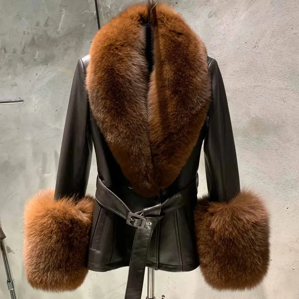 Couture Leather Coat with Fox Fur Trim