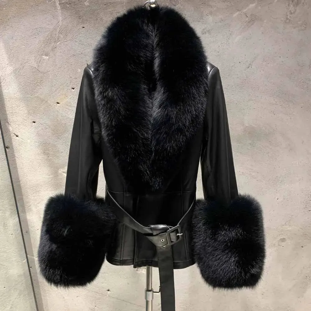 Couture Leather Coat with Fox Fur Trim