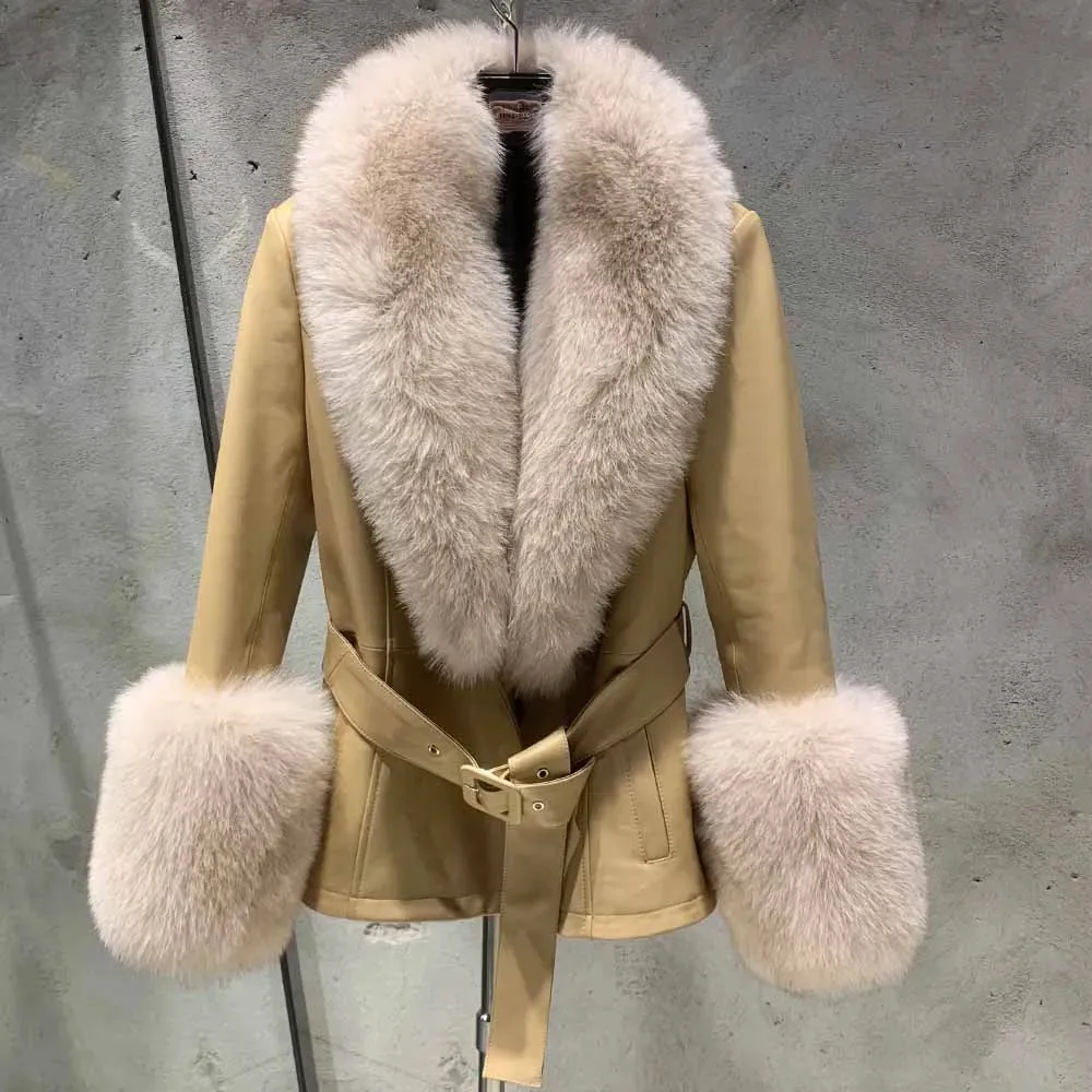 Couture Leather Coat with Fox Fur Trim