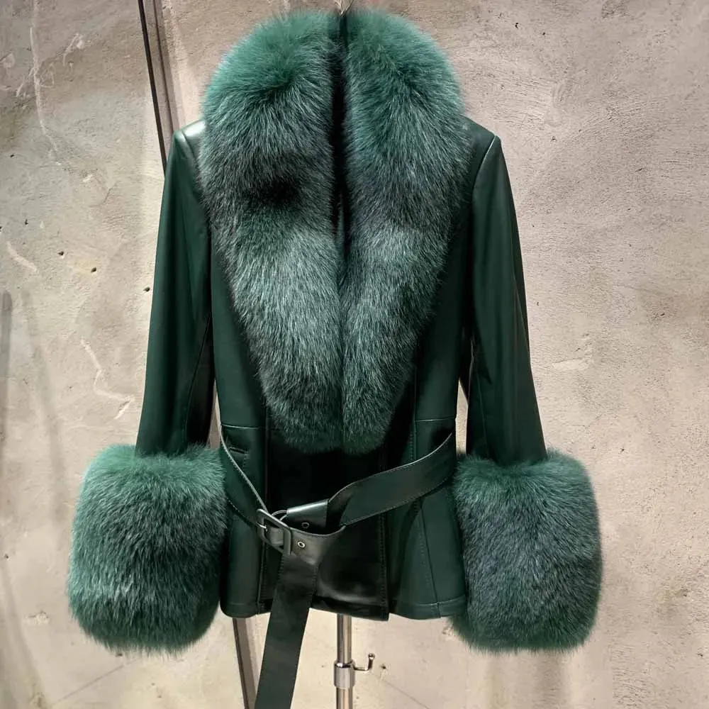 Couture Leather Coat with Fox Fur Trim