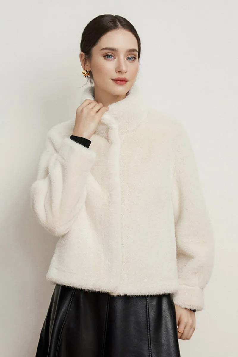 Cropped Faux Mink Fur Jacket with Stand Collar