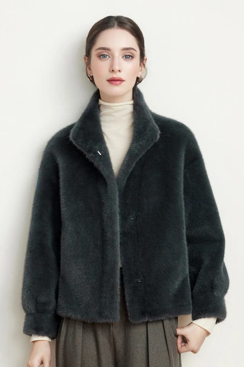 Cropped Faux Mink Fur Jacket with Stand Collar