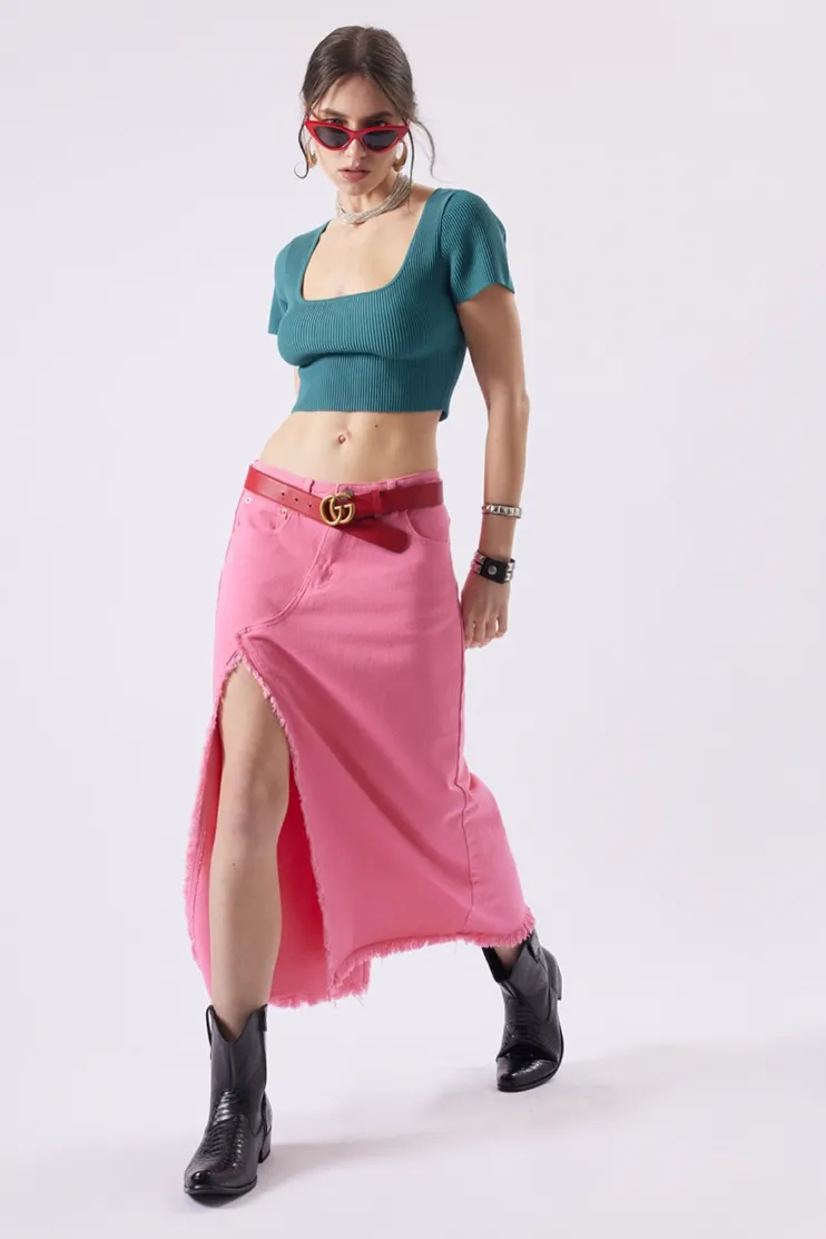 Darsie Denim Midi Slit Skirt Pink