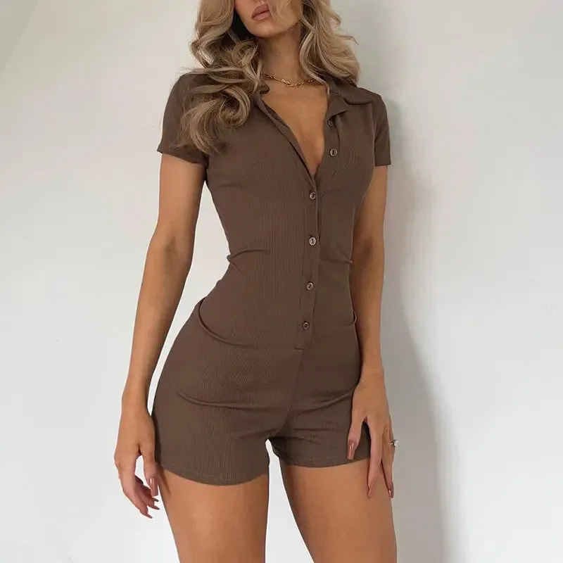 Elegant Ribbed Lapel Buttoned Slim-Fit Jumpsuit