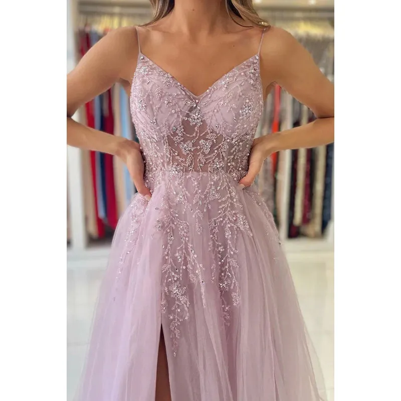 Elegant Spaghetti Straps V-neck A-Line Slit Tulle Formal Prom Dress with Applique