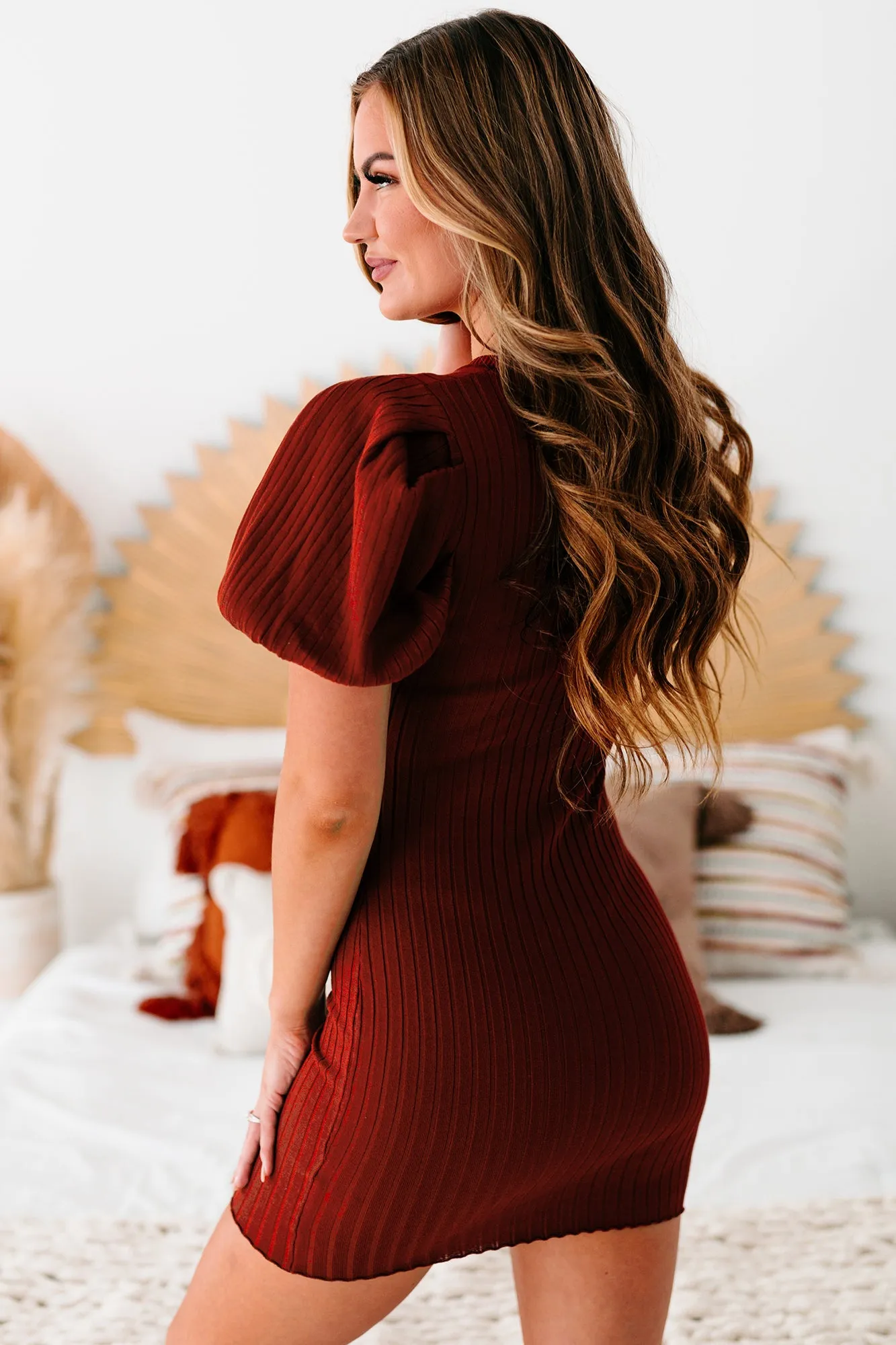 Essentially Mine Ribbed Puff Sleeve Mini Dress (Brown)