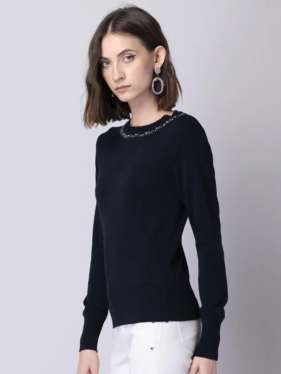 FabAlley Women's Viscose Rayon Round Neck Sweater (SWT00401_Navy Blue_XS)