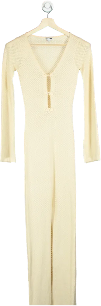 Fashion Nova Cream Knit Long-Sleeve Jumpsuit UK S