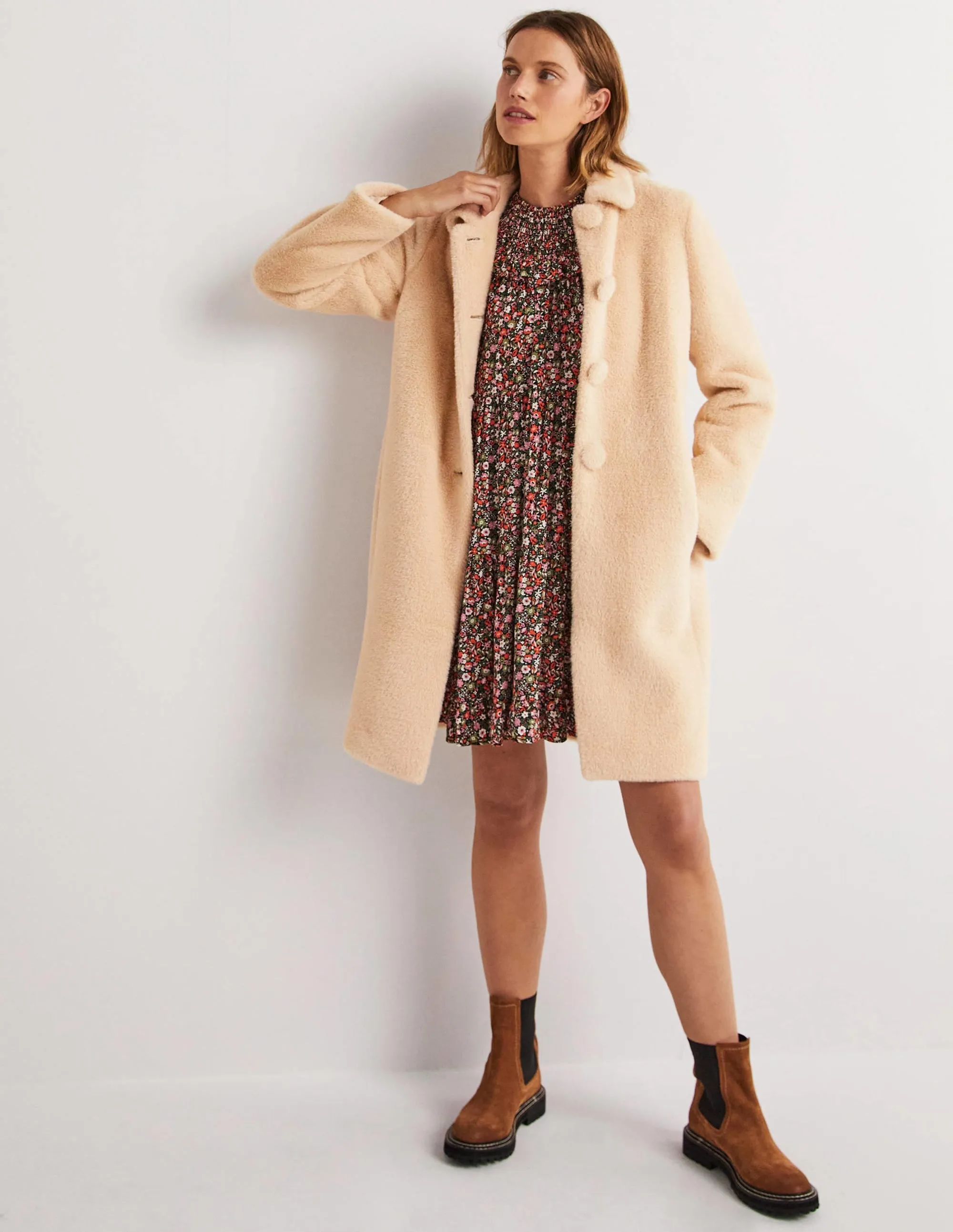 Faux Fur Collared Coat-Natural