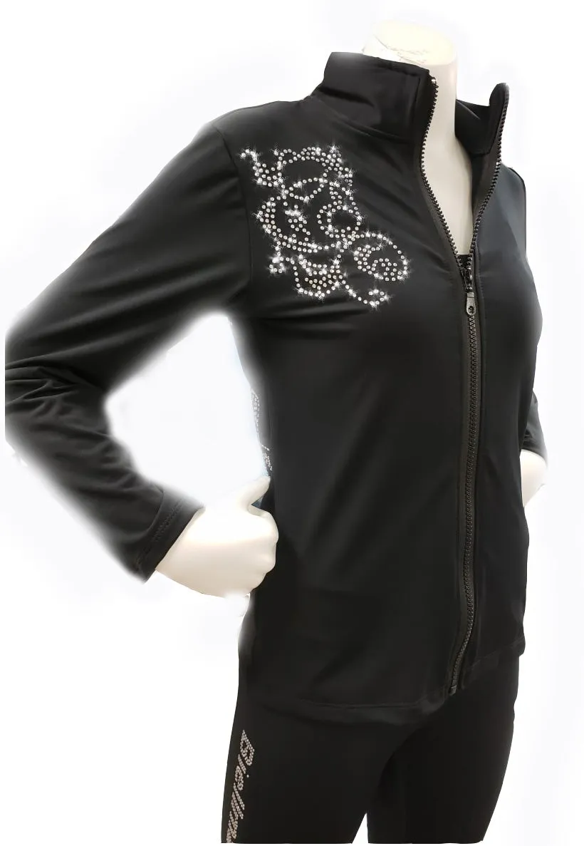 Figure Skating Jacket with Crystal Scrolls, Black Micro-Fleece BSU231120