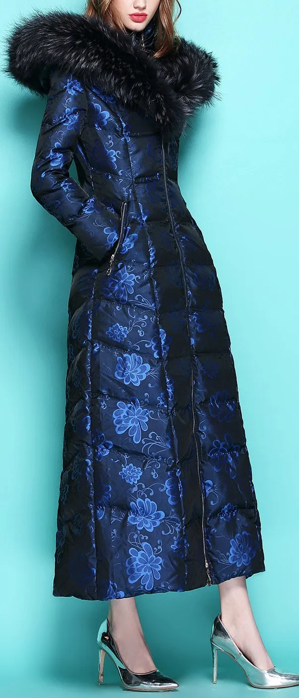 Floral Print Fur-Hooded Long Puffer Coat, Blue