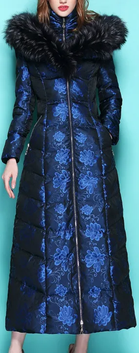 Floral Print Fur-Hooded Long Puffer Coat, Blue