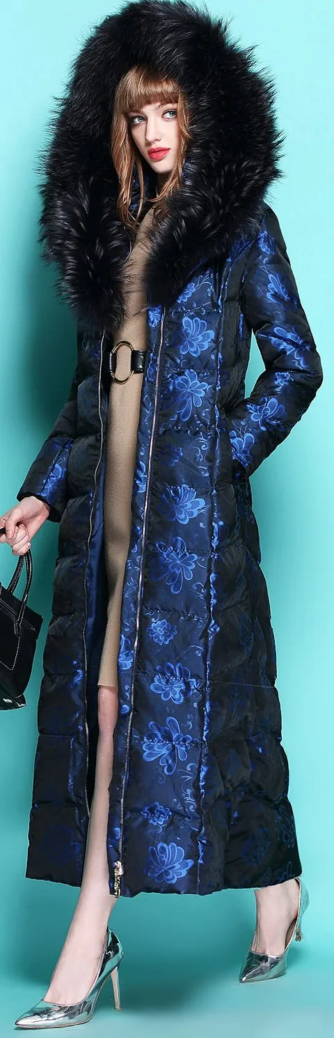 Floral Print Fur-Hooded Long Puffer Coat, Blue