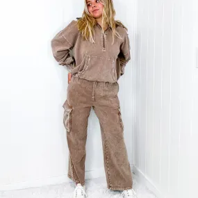 Fun on Fridays Mineral Washed Terry Knit Wide Leg Pull On Cargo Pants in Mocha