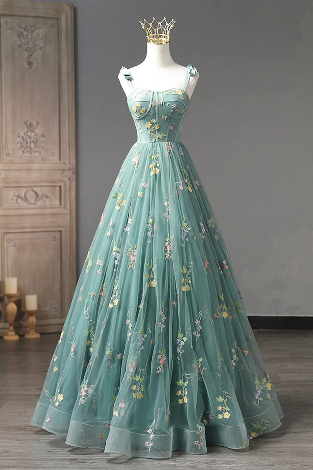 Green Lace Long A-Line Formal Dress, Spaghetti Strap Evening Gown