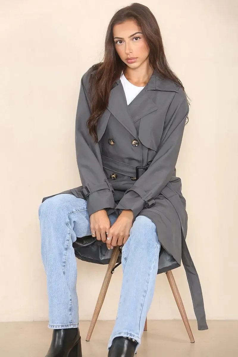 Grey Notch Lapel Double Breasted Belt Decor Trench Coat