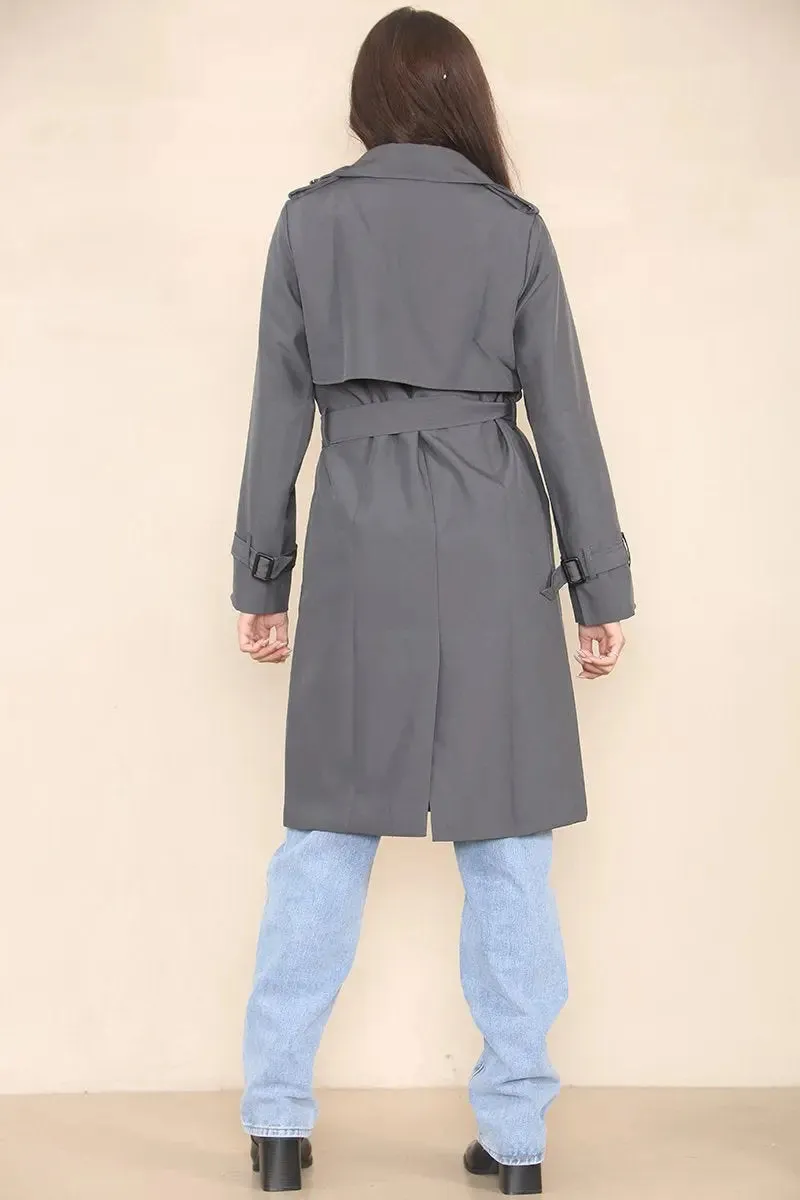 Grey Notch Lapel Double Breasted Belt Decor Trench Coat