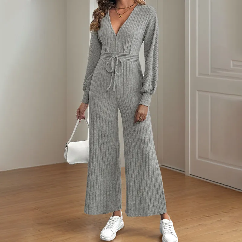 Grind Jumpsuit V-Neck Lace-Up Bat Sleeve Solid Color Wide Leg Jumpsuit