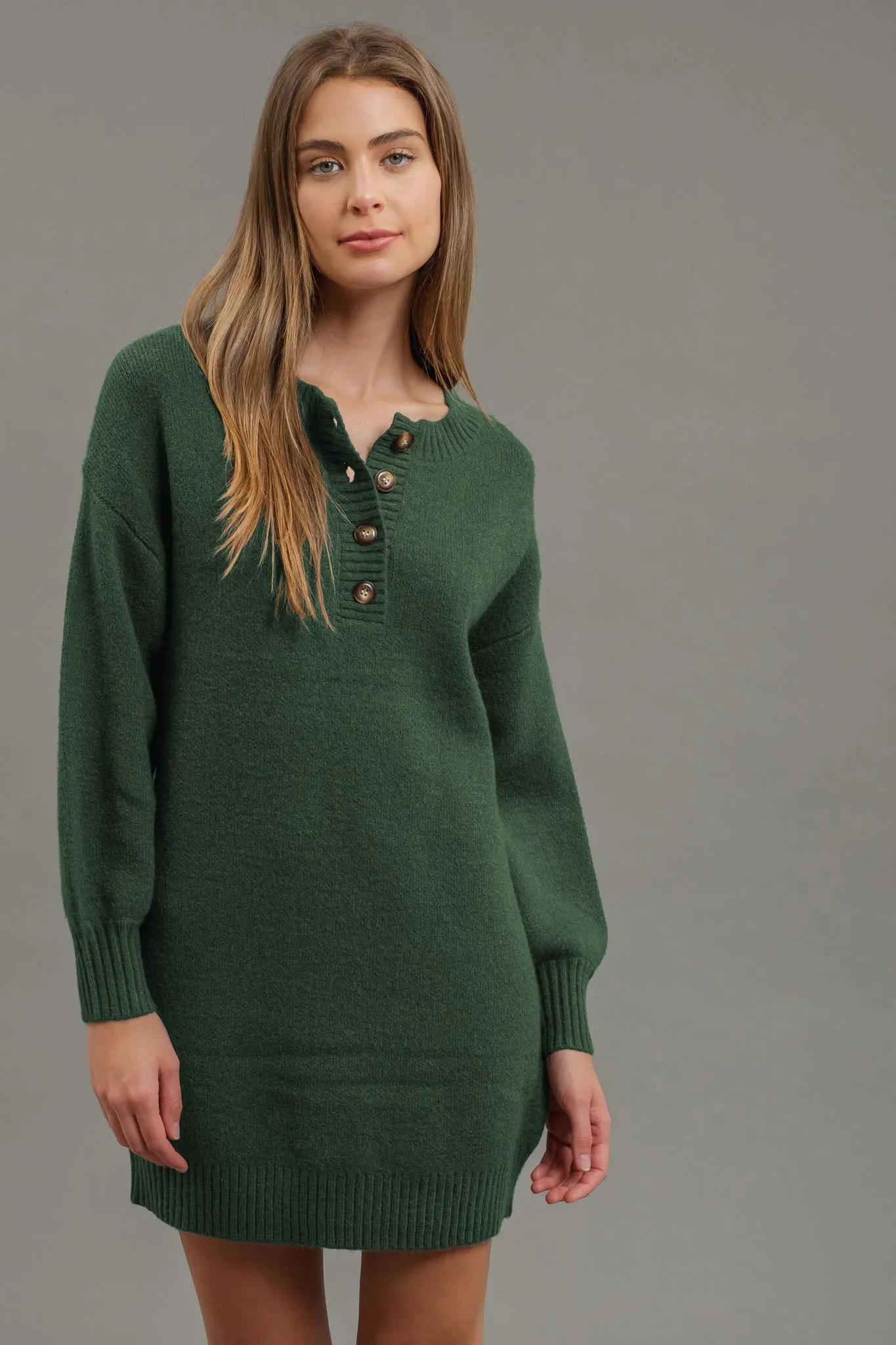 HALF BUTTON LONG SLEEVE MINI SWEATER DRESS