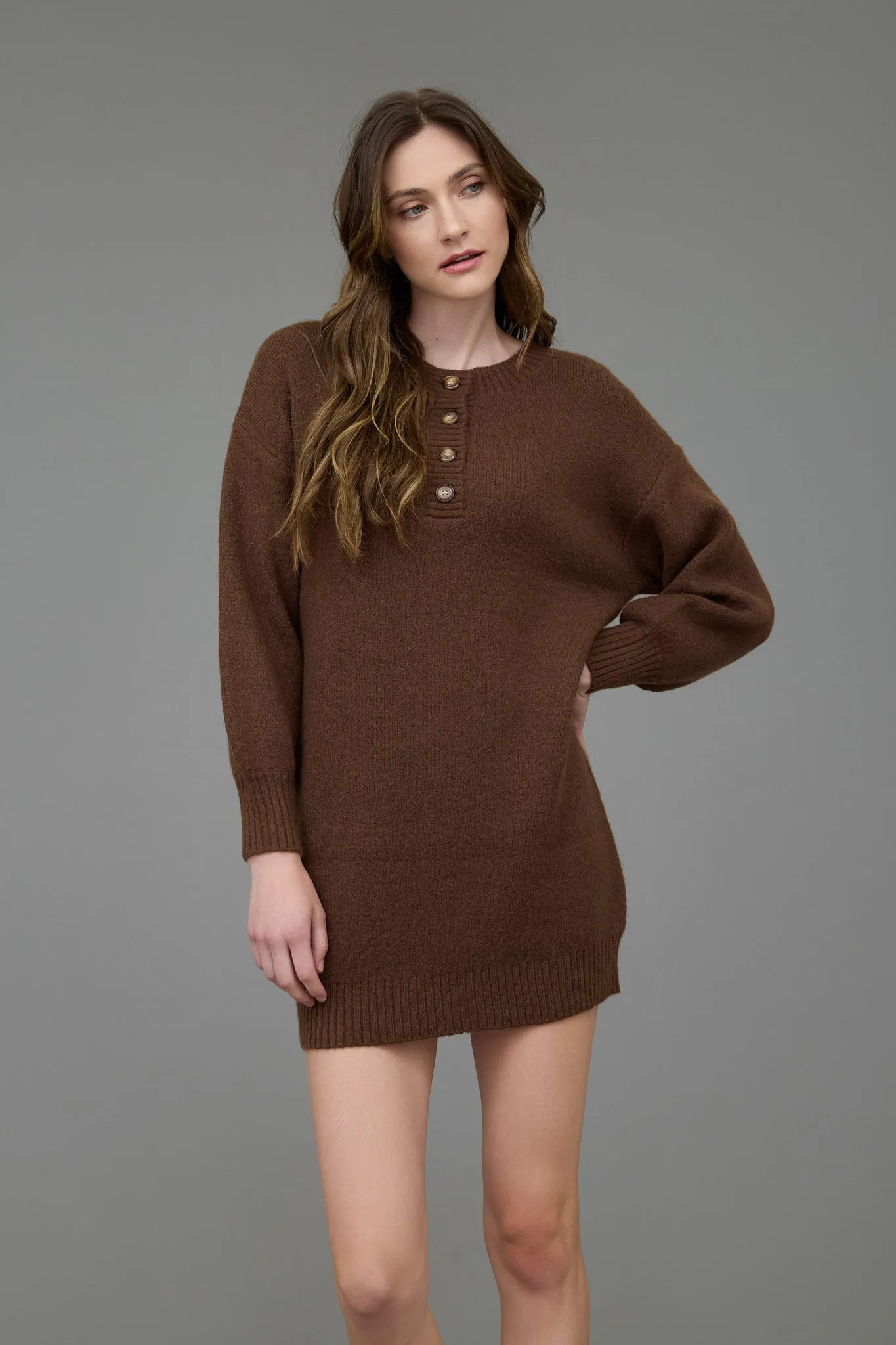 HALF BUTTON LONG SLEEVE MINI SWEATER DRESS