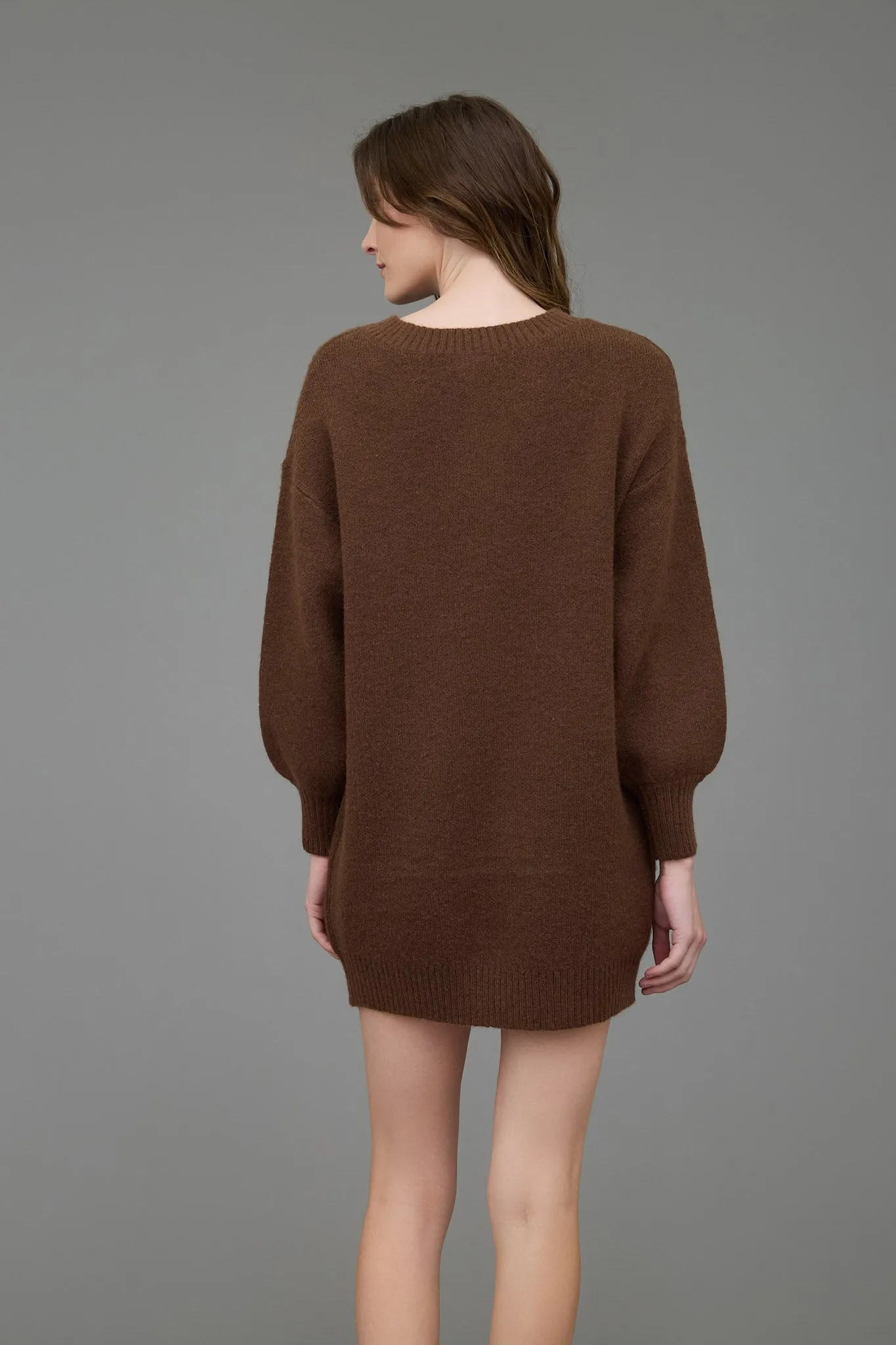 HALF BUTTON LONG SLEEVE MINI SWEATER DRESS