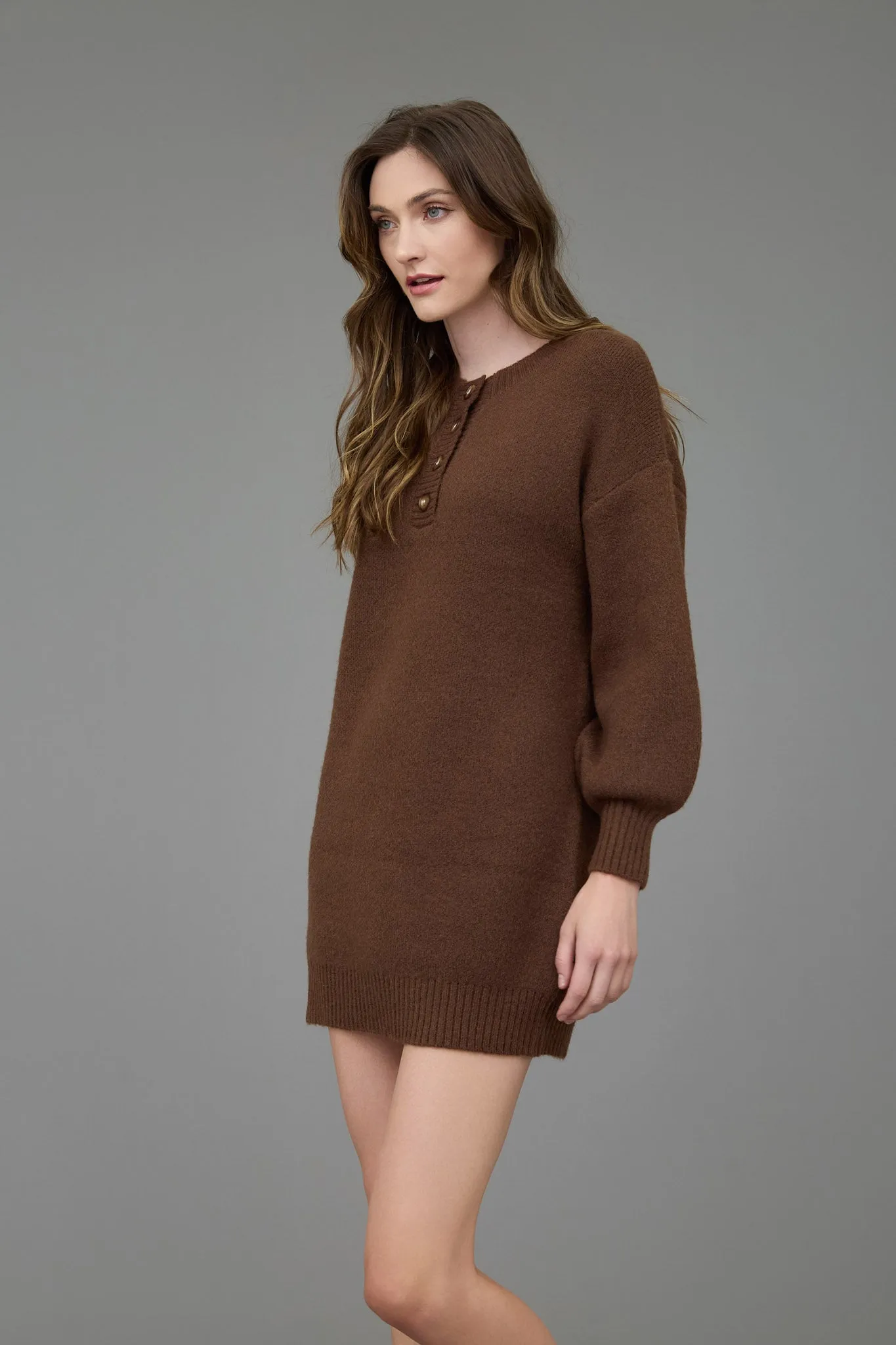 HALF BUTTON LONG SLEEVE MINI SWEATER DRESS