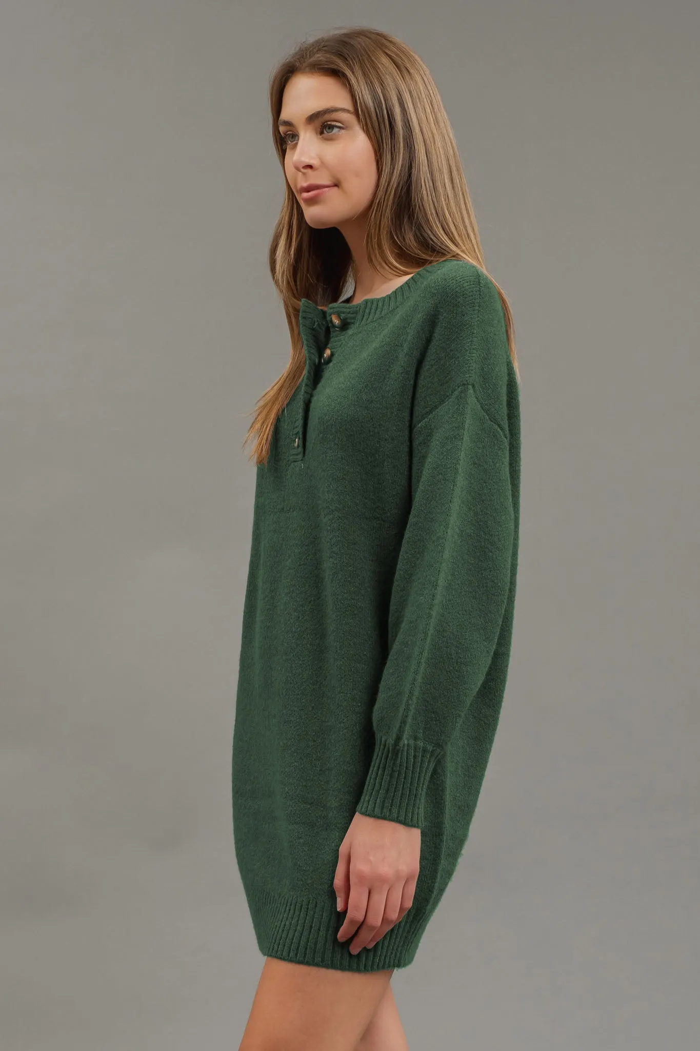 HALF BUTTON LONG SLEEVE MINI SWEATER DRESS