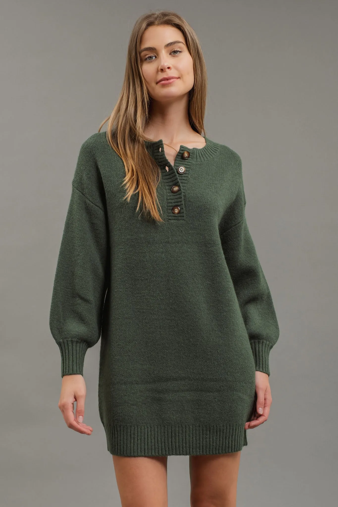 HALF BUTTON LONG SLEEVE MINI SWEATER DRESS