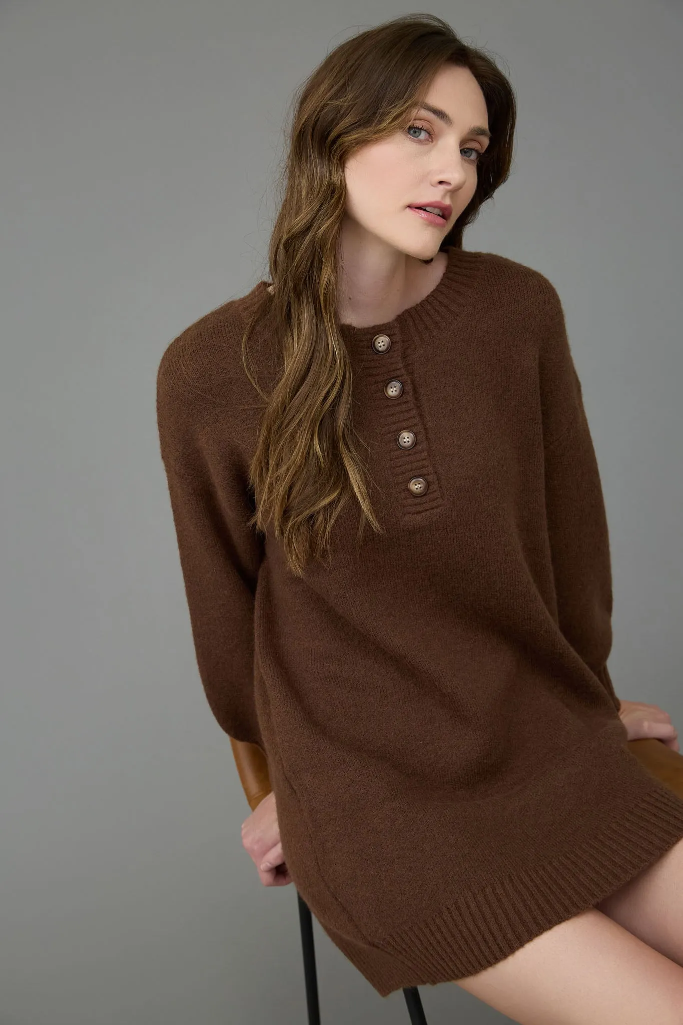 HALF BUTTON LONG SLEEVE MINI SWEATER DRESS