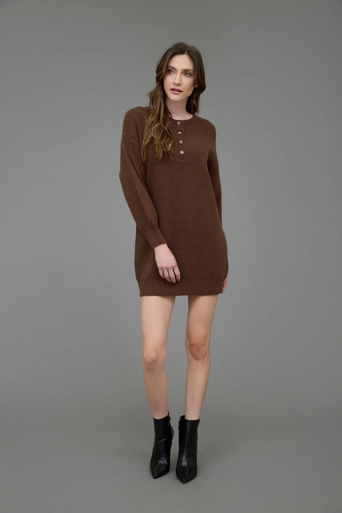 HALF BUTTON LONG SLEEVE MINI SWEATER DRESS