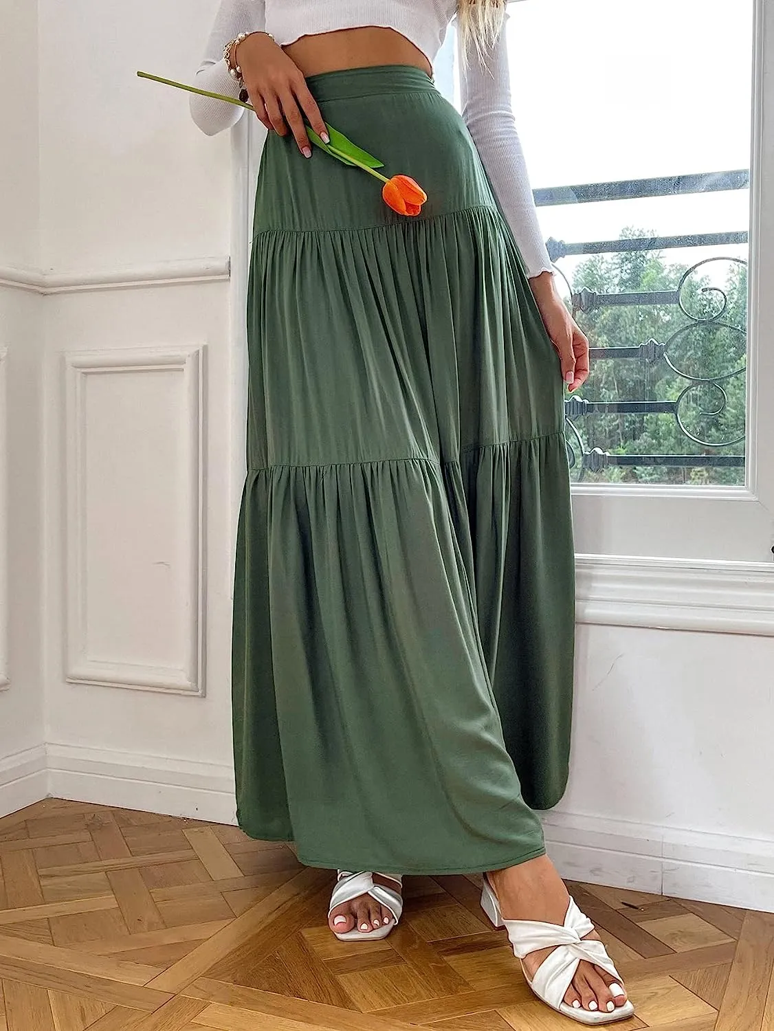 High Waist Tiered Green Maxi Skirt