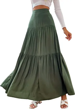 High Waist Tiered Green Maxi Skirt