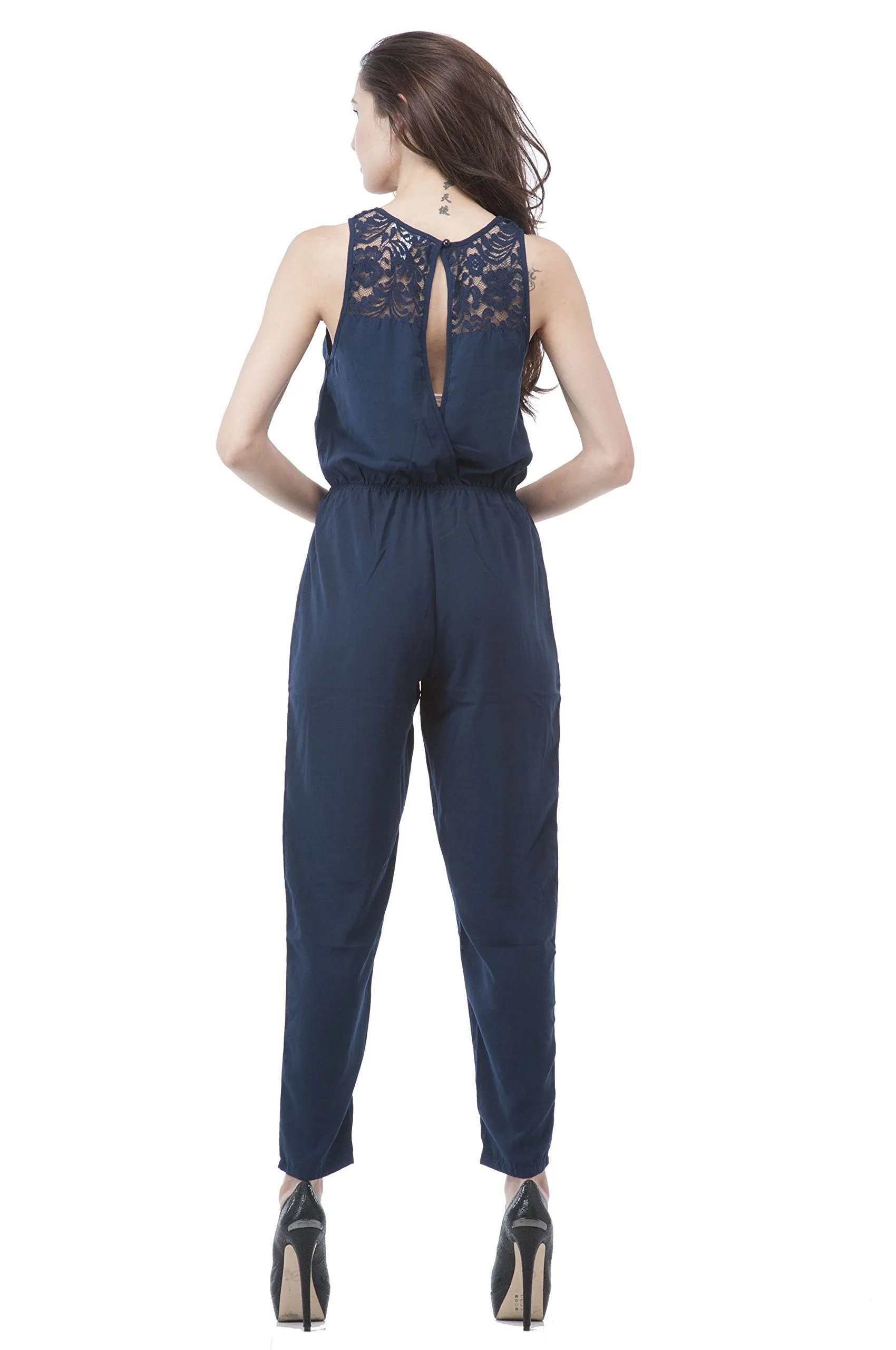 Hollywood Star Fashion Sleeveless Open Back Lace Trim Jumpsuit