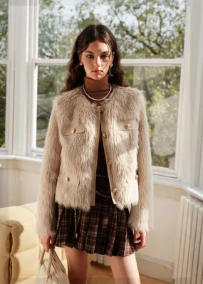 Ivory Jewel Neck Faux Fur Short Jacket