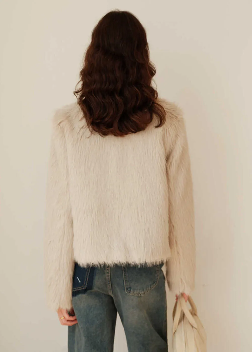 Ivory Jewel Neck Faux Fur Short Jacket