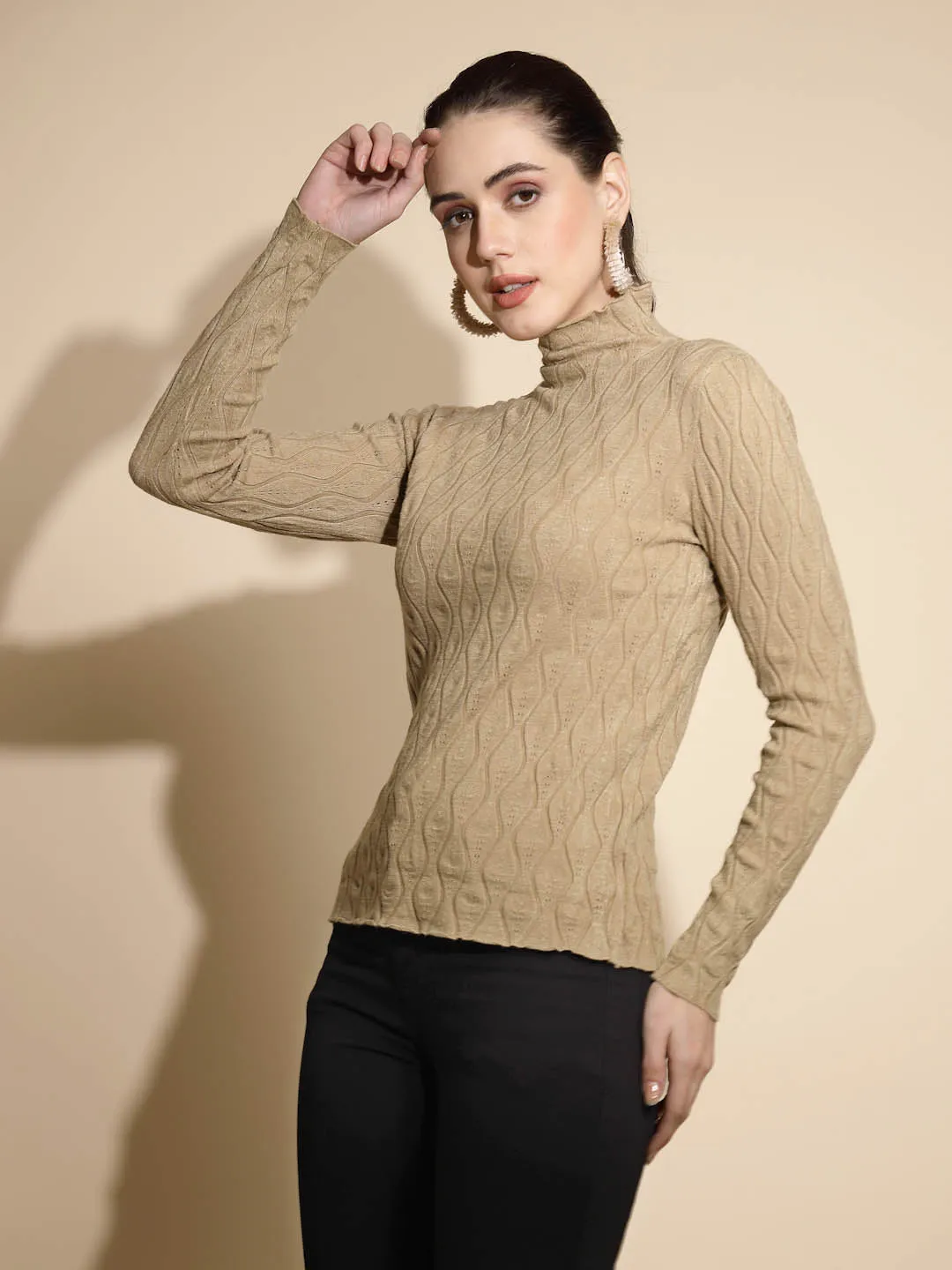 Khaki Solid Full Sleeve Turtle Neck Knitted Slim Fit Skivvy