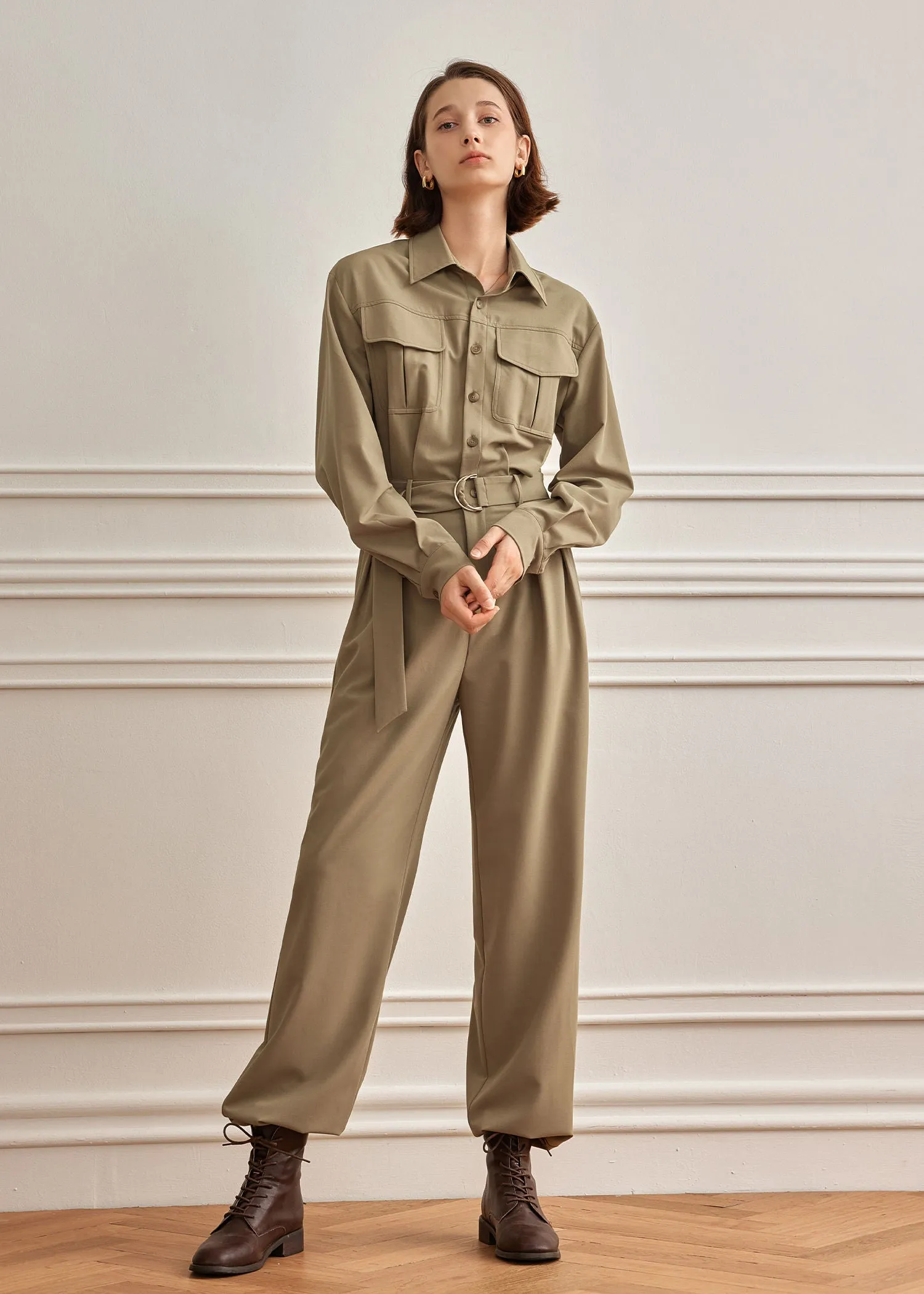 Khaki Utility Pocket Long Sleeve Jumpsuit