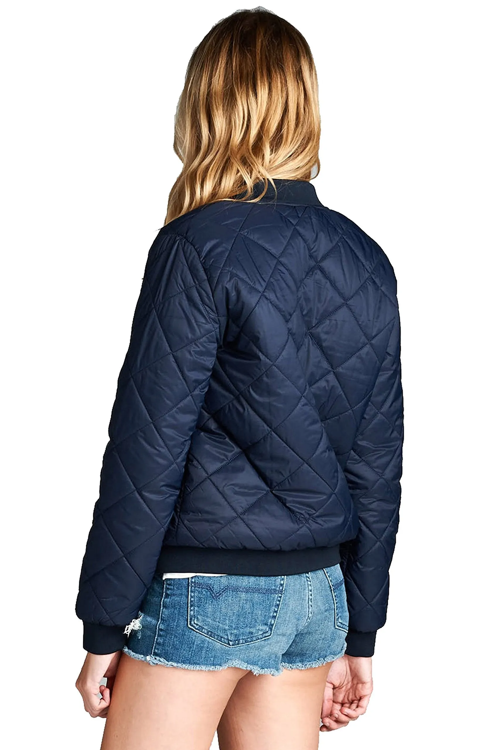 Khanomak Long Sleeve Zip Up Front Quilted Padded Stand Up Collar Ribbed Bomber Jacket