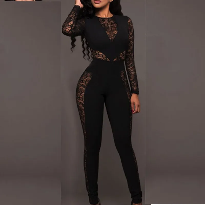 Long Sleeve Lace Hollow Out Jumpsuit Sexy Slim Lace Floral Bodycon Rompers