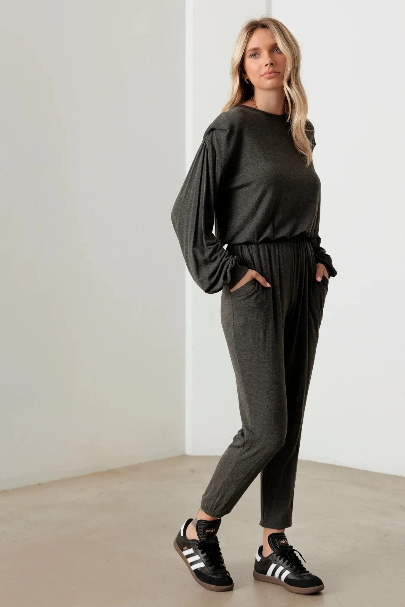 Long Sleeve Shoulder Pad  Elastic Waist Jumpsuit