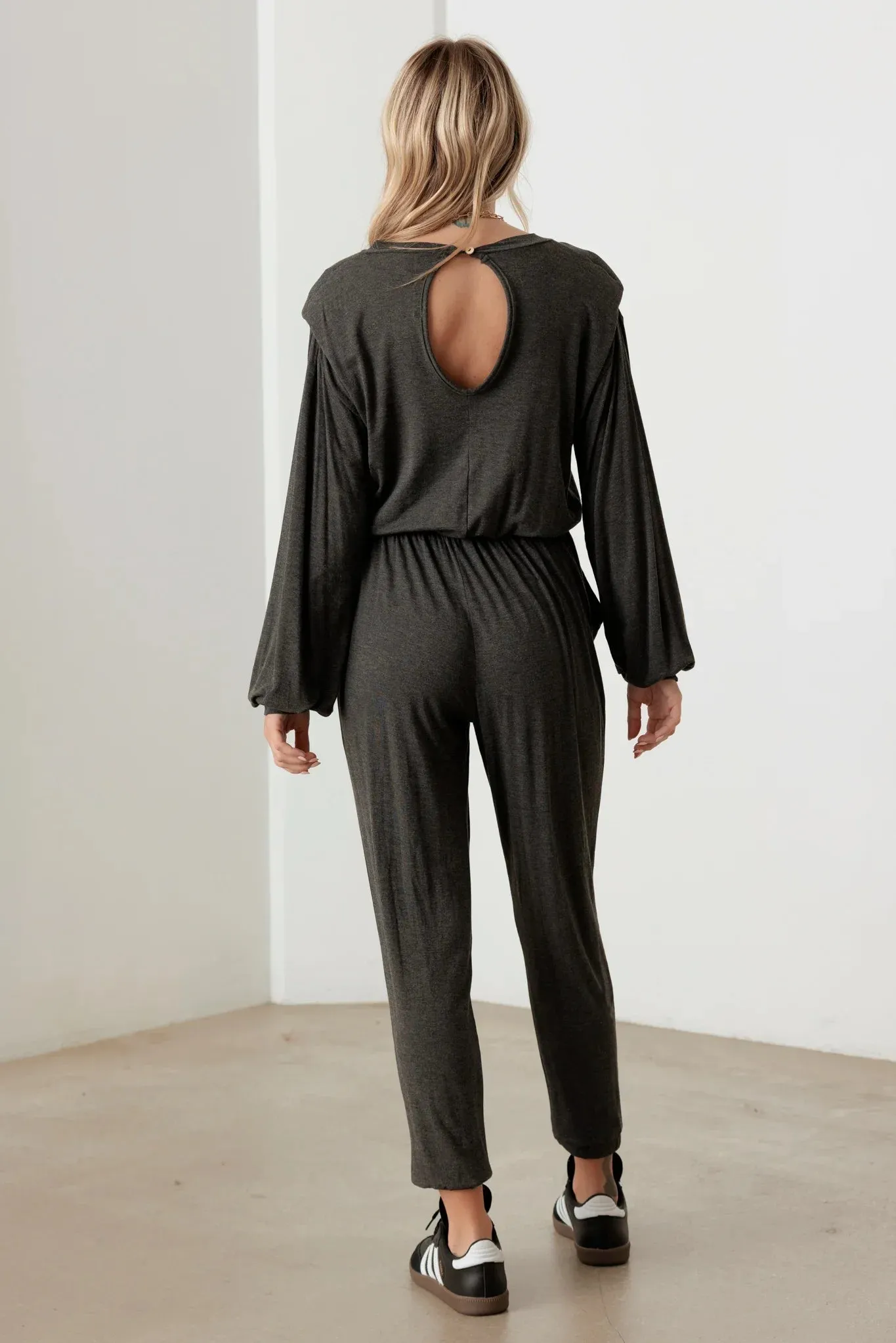 Long Sleeve Shoulder Pad  Elastic Waist Jumpsuit