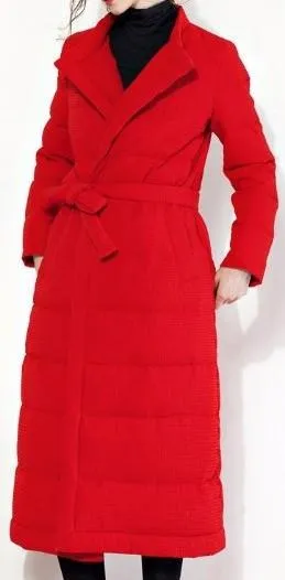 Long Waffle-Textured Puffer Down Coat in Black or Red