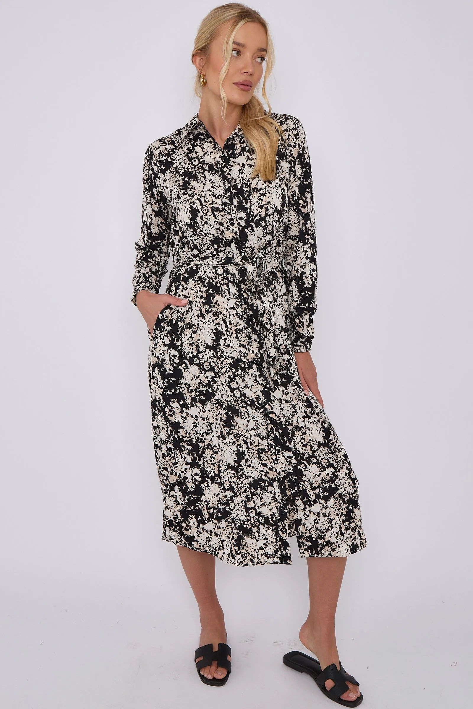 LOVE SUNSHINE Black Tie Dye Print Long Sleeve Midi Shirt Dress