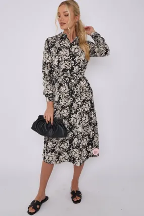 LOVE SUNSHINE Black Tie Dye Print Long Sleeve Midi Shirt Dress